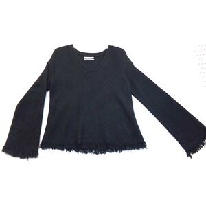 Anthropologie Joy V Neck Fringe Sweater Womens Black Size M Long Sleeve Pullover